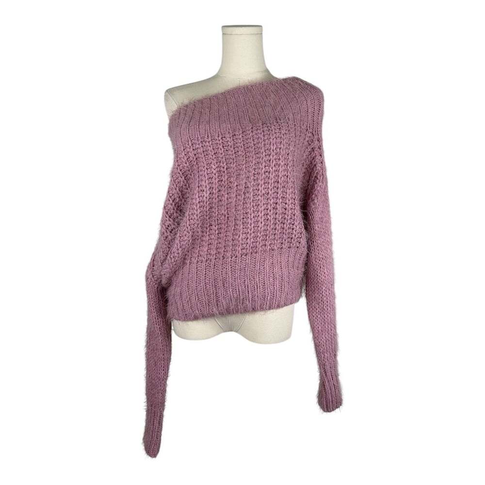Iris Feeling It Mauve Pink Soft Eyelash Off-the-Shoulder Knit Sweater Large